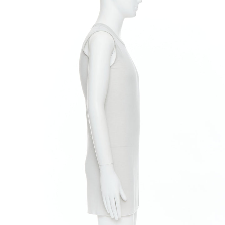 Male mannequin wearing Rick Owens SS 2021 Phlegethon Grey Viscose Men Tank Top in Size  S | Available at JHROP