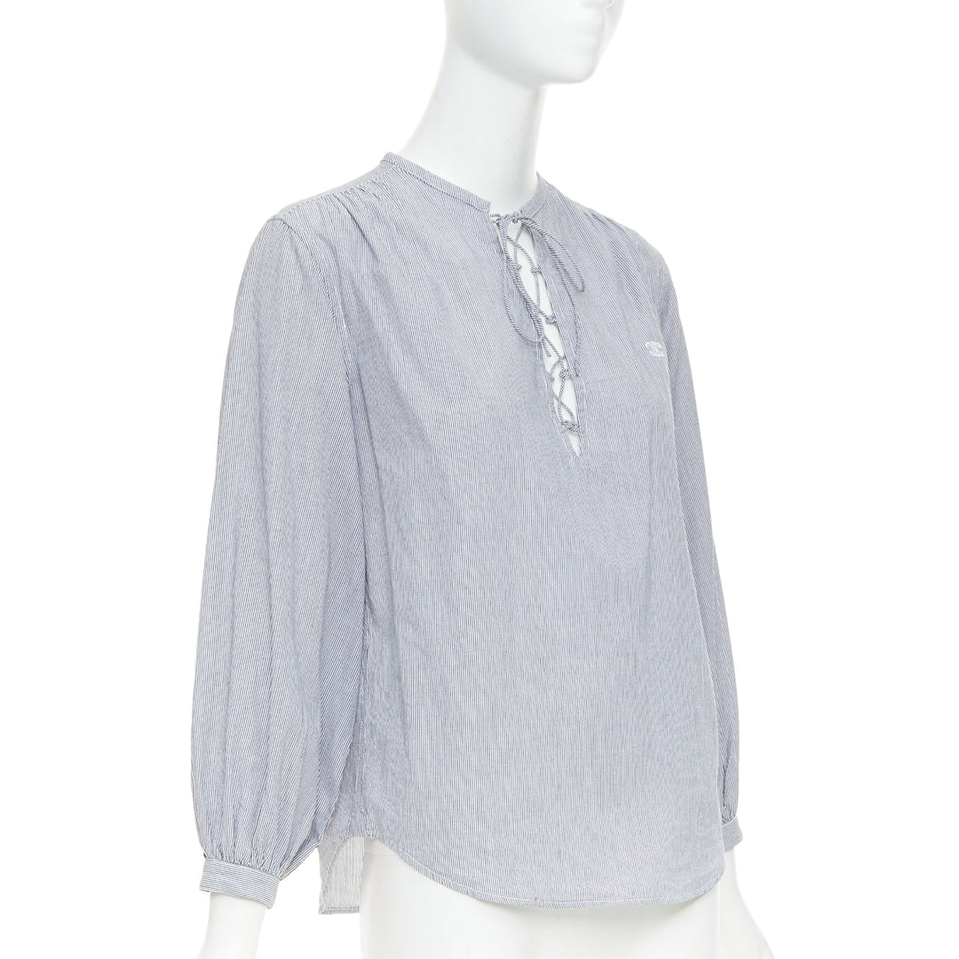 CELINE Romy grey white striped cotton voile lace up front anagram blouse FR36 S
