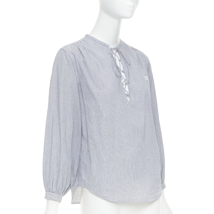 CELINE Romy grey white striped cotton voile lace up front anagram blouse FR36 S