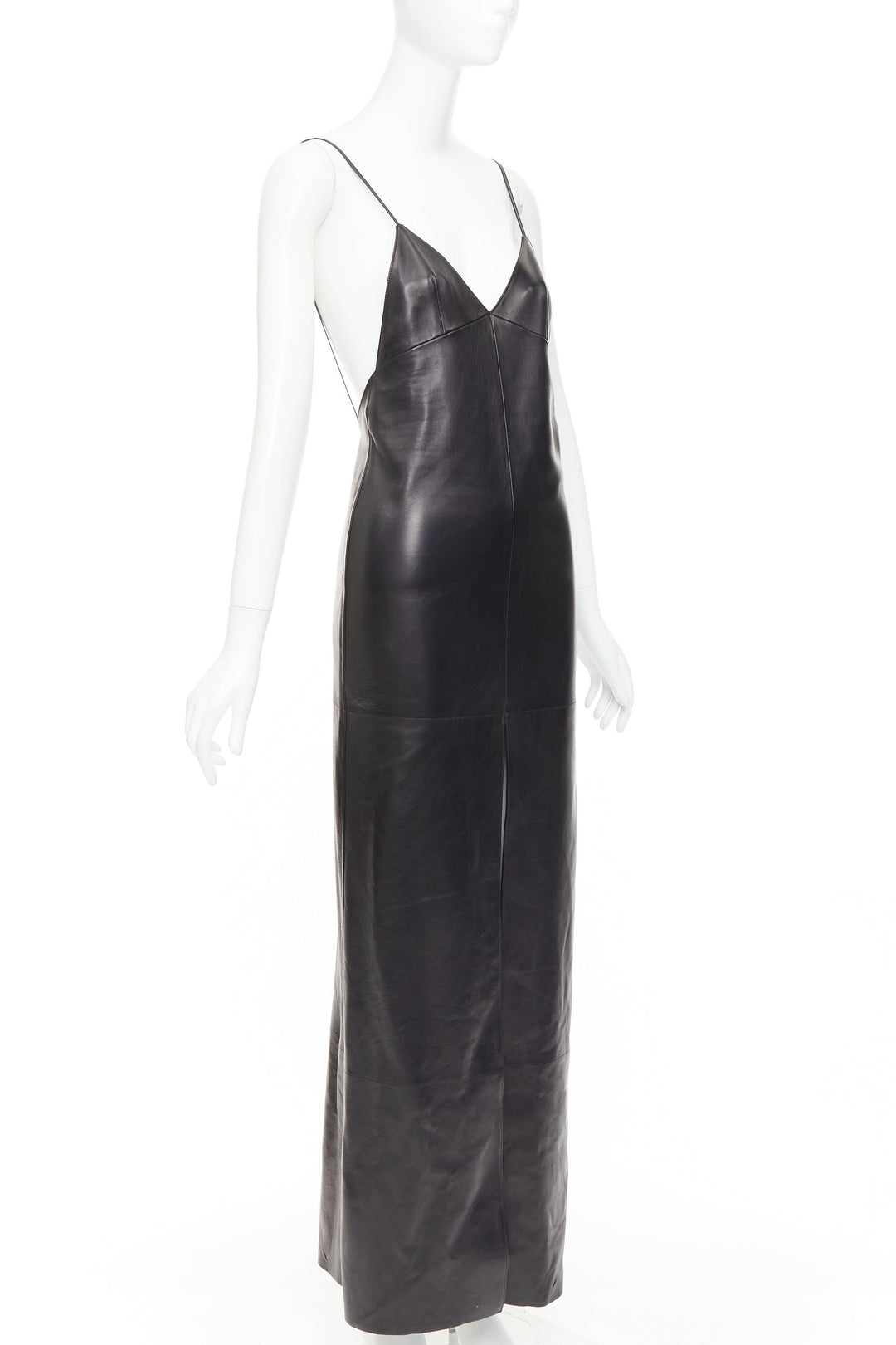 SAINT LAURENT 2024 black lambskin plunge low cut back slit slip gown FR34 XS