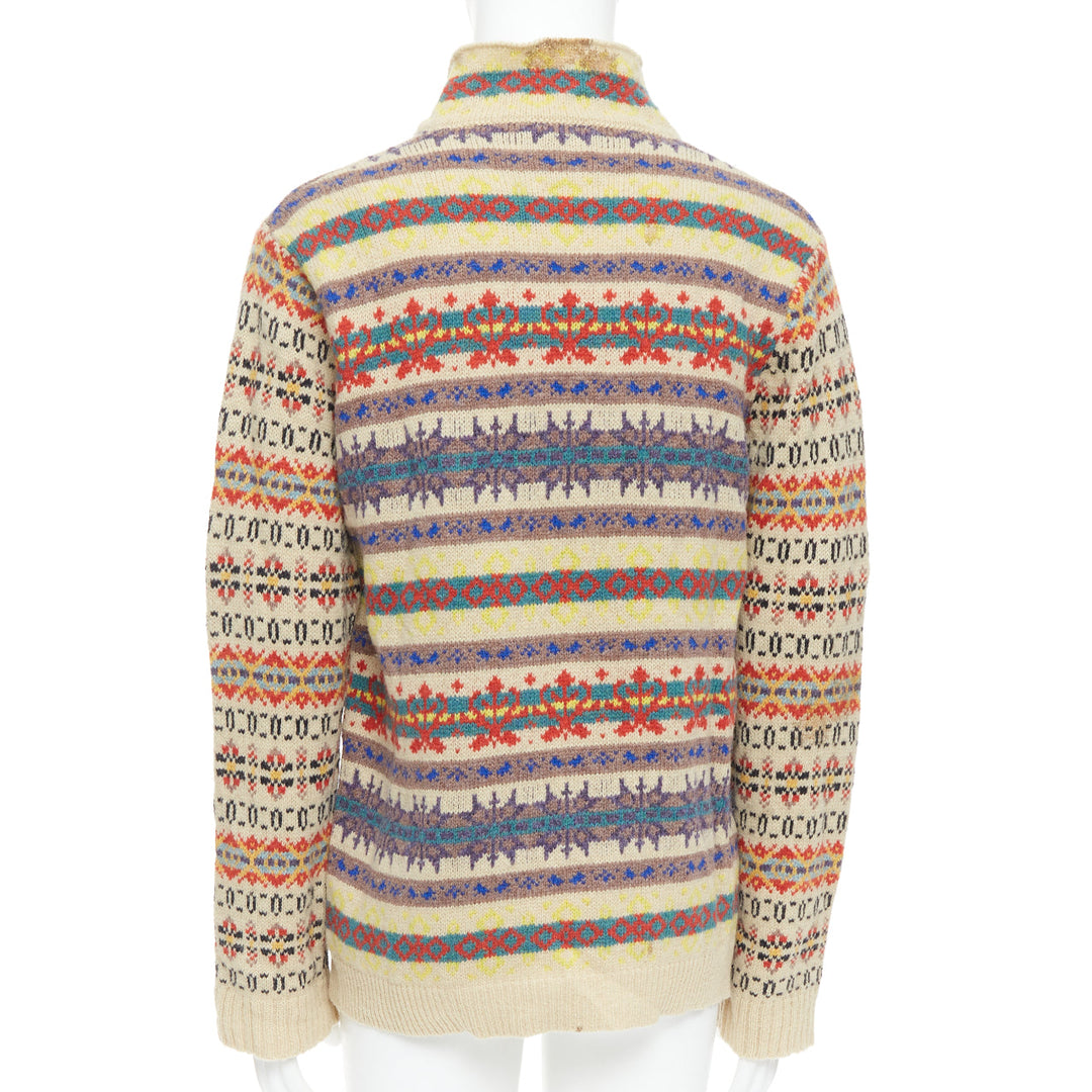 DRIES VAN NOTEN beige striped fairisle shetland wool sweater L