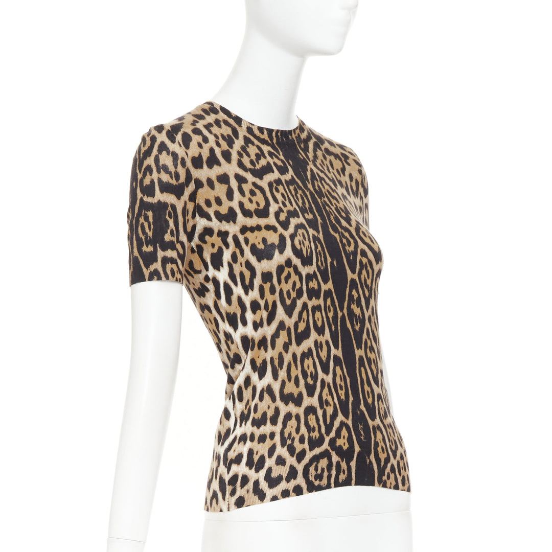 YVES SAINT LAURENT brown cashmere silk leopard logo crew knit sweater top S
