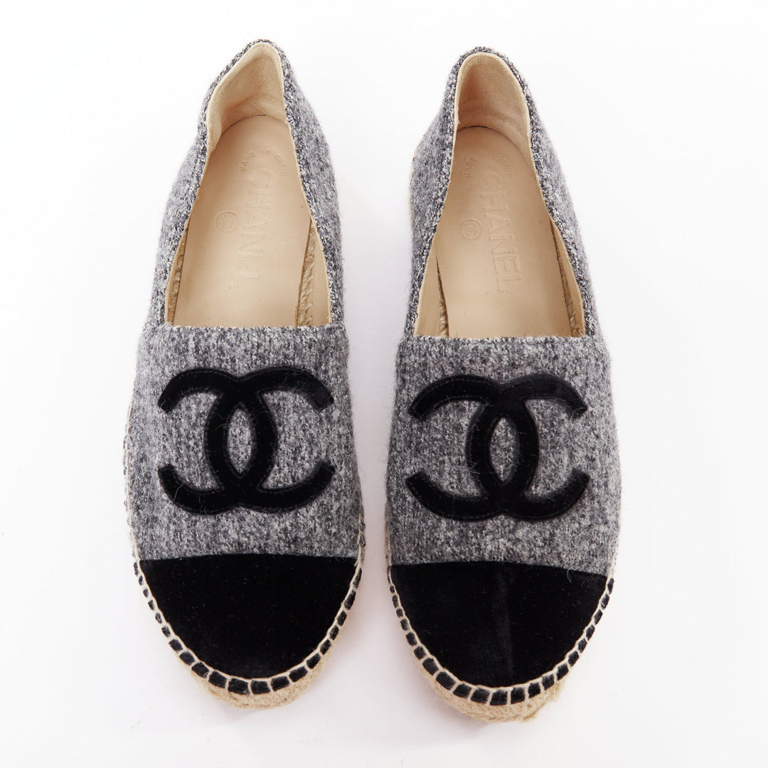 CHANEL grey tweed velvet CC logo toe cap espadrille shoes EU38