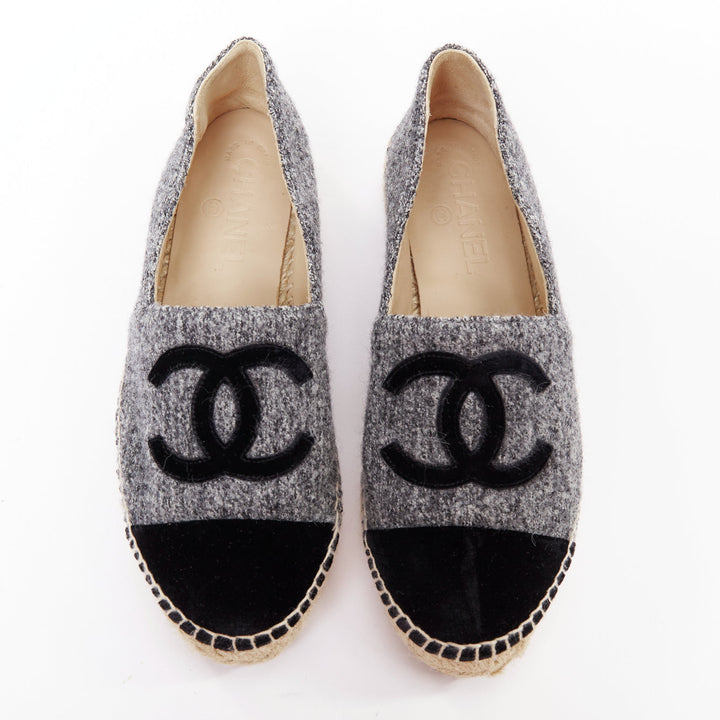 CHANEL grey tweed velvet CC logo toe cap espadrille shoes EU38