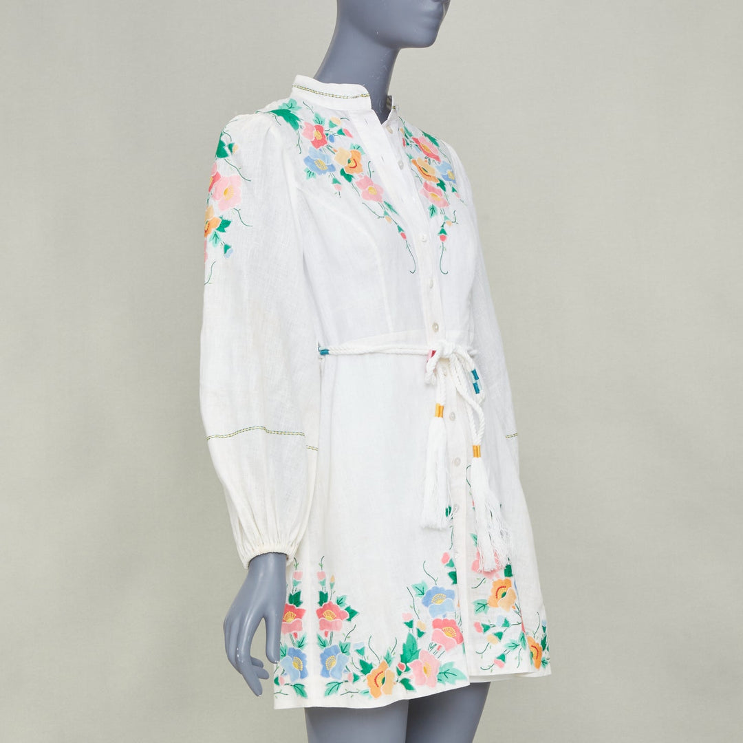 ZIMMERMANN 2021 Fiesta Applique multicolour floral white linen mini dress Sz1 S