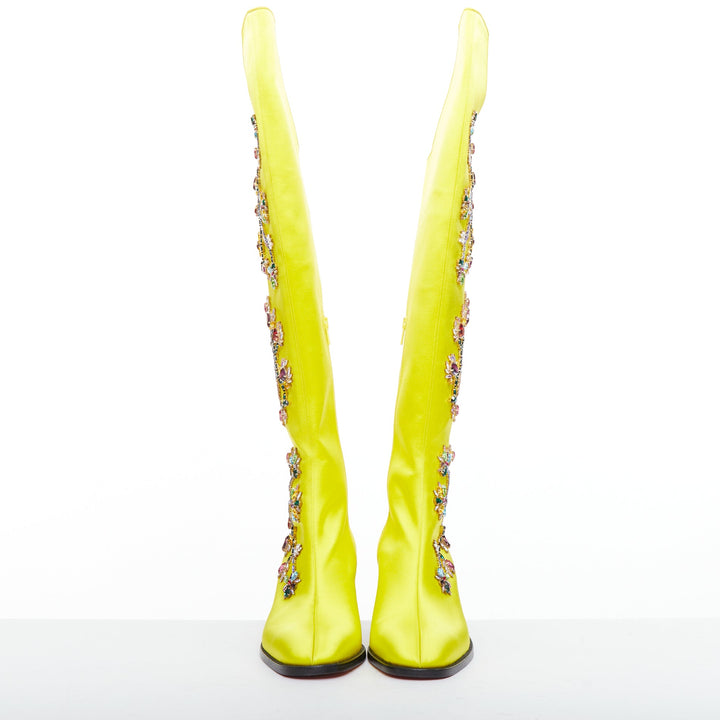 rare CHRISTIAN LOUBOUTIN Morgan Fleur 70 yellow satin blossom western boots EU43