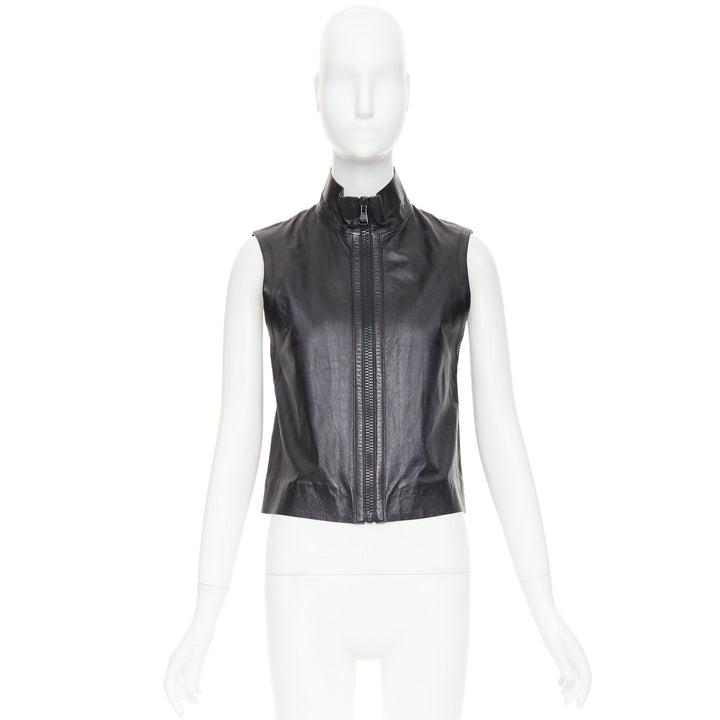 LOUIS VUITTON black leather logo zipper back yoke vest jacket