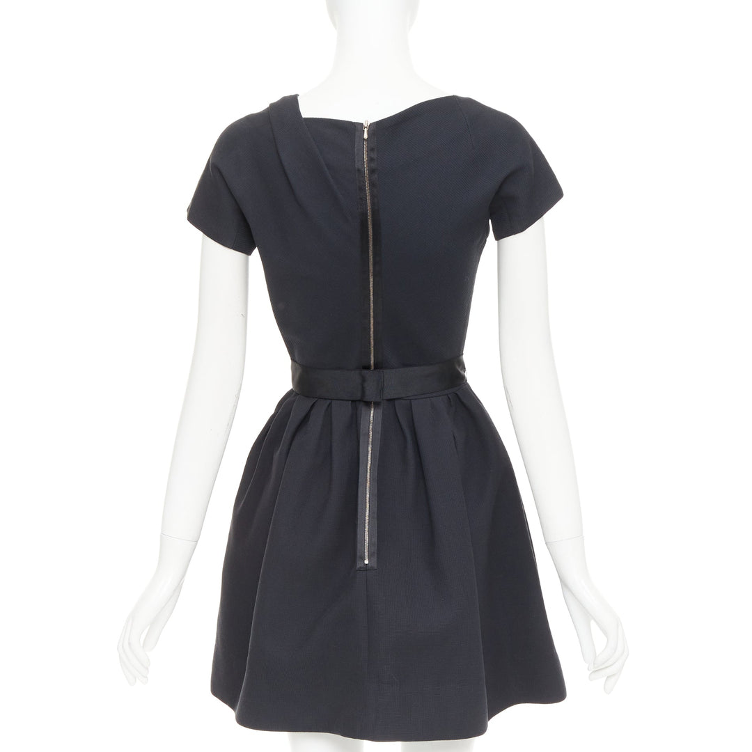 VICTORIA BECKHAM Dress N91 black cotton blend gathered crepe belted dress UK8 S