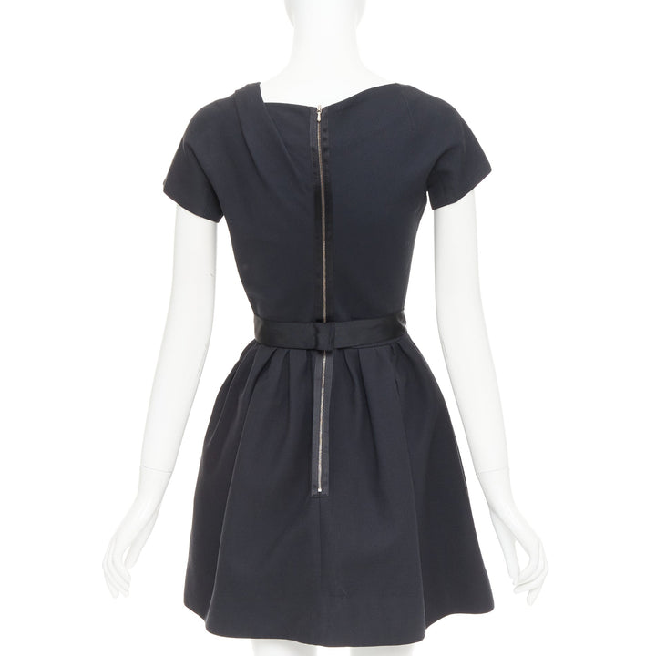 VICTORIA BECKHAM Dress N91 black cotton blend gathered crepe belted dress UK8 S