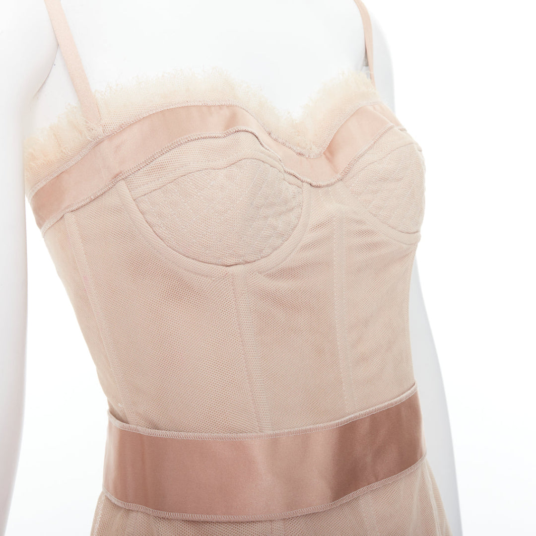 DOLCE GABBANA nude cotton tulle bust satin belt corset bustier IT40 S