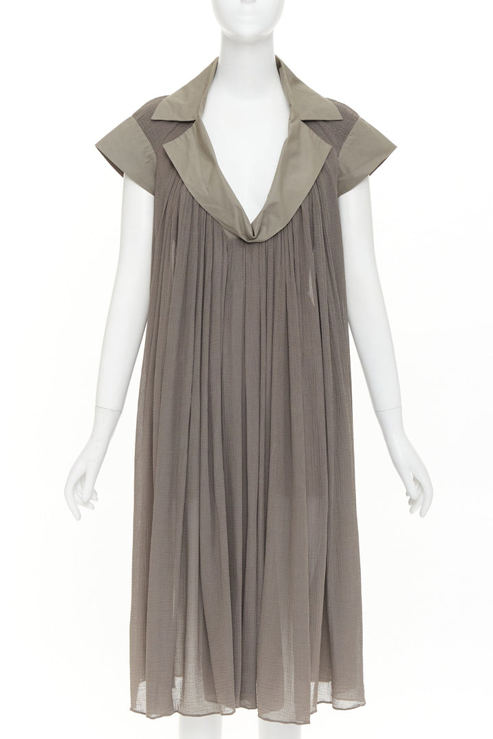 BOTTEGA VENETA grey cotton chiffon pleated plunge spread collar dress IT40 S