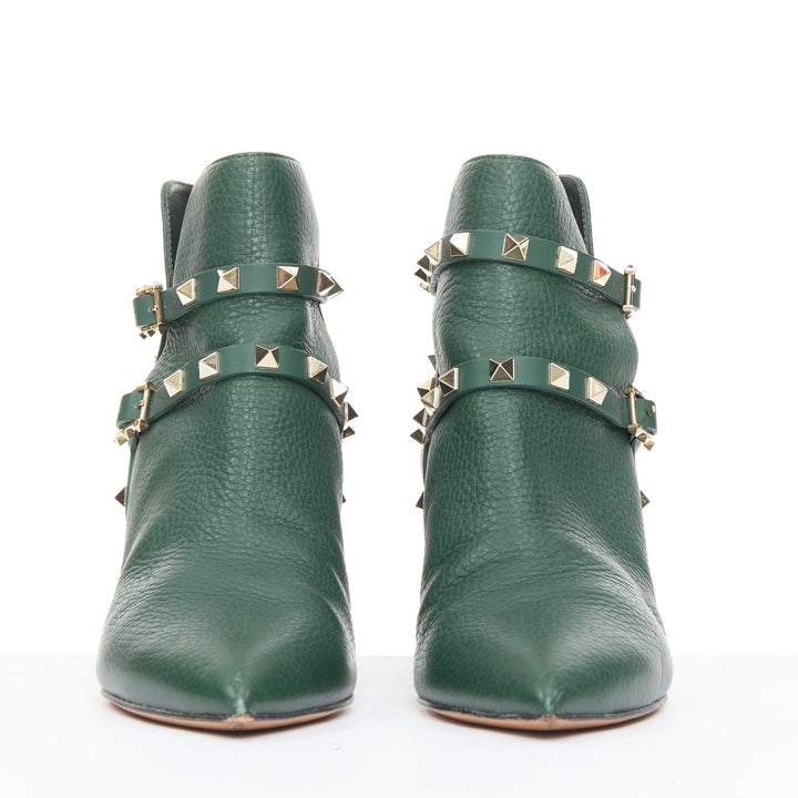 VALENTINO Rockstud green pebbled calf leather gold stud harness ankle boots EU37