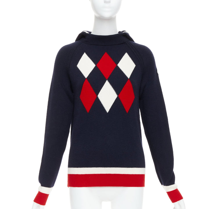 MONCLER 2017 red navy white wool argyle turtleneck sweater top XS