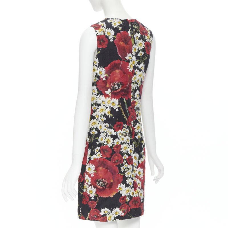 Female mannequin wearing Dolce Gabbana Poppy daisy jacquard dress Black Cotton Women Cocktail Dresses in Size IT36 | Available at JHROP