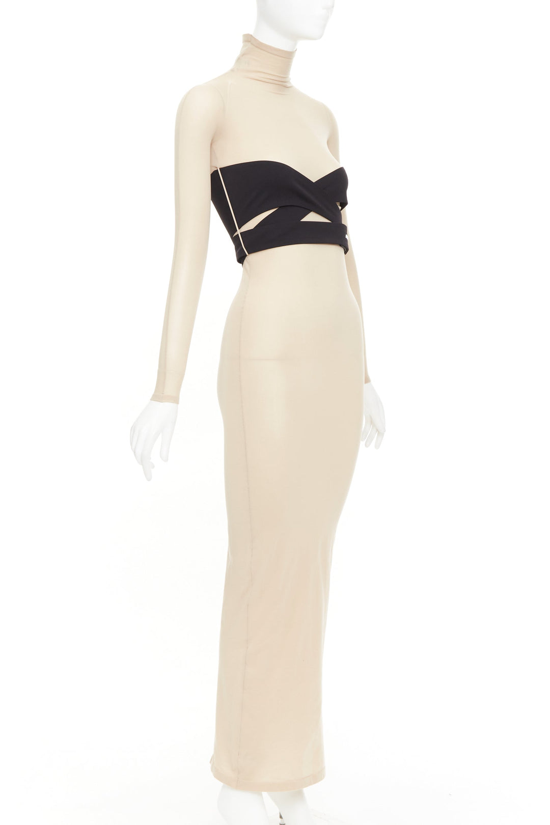 ALAIA 2023 beige second-skin band belted jersey turtleneck maxi dresse FR36 S