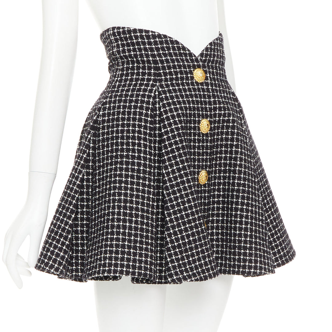BALMAIN Tulip black white houndstooth cotton tweed flare skater skirt FR34 XS