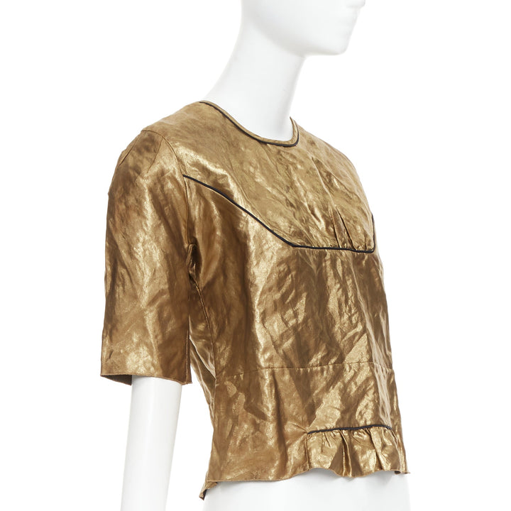 MARNI 2010 metallic gold coated black piped boxy half sleeved cropped top IT40 S