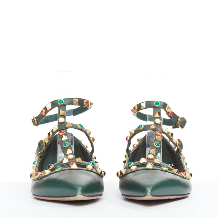 VALENTINO Rolling Rockstud green multicolor gold stud caged ballerina flats EU38