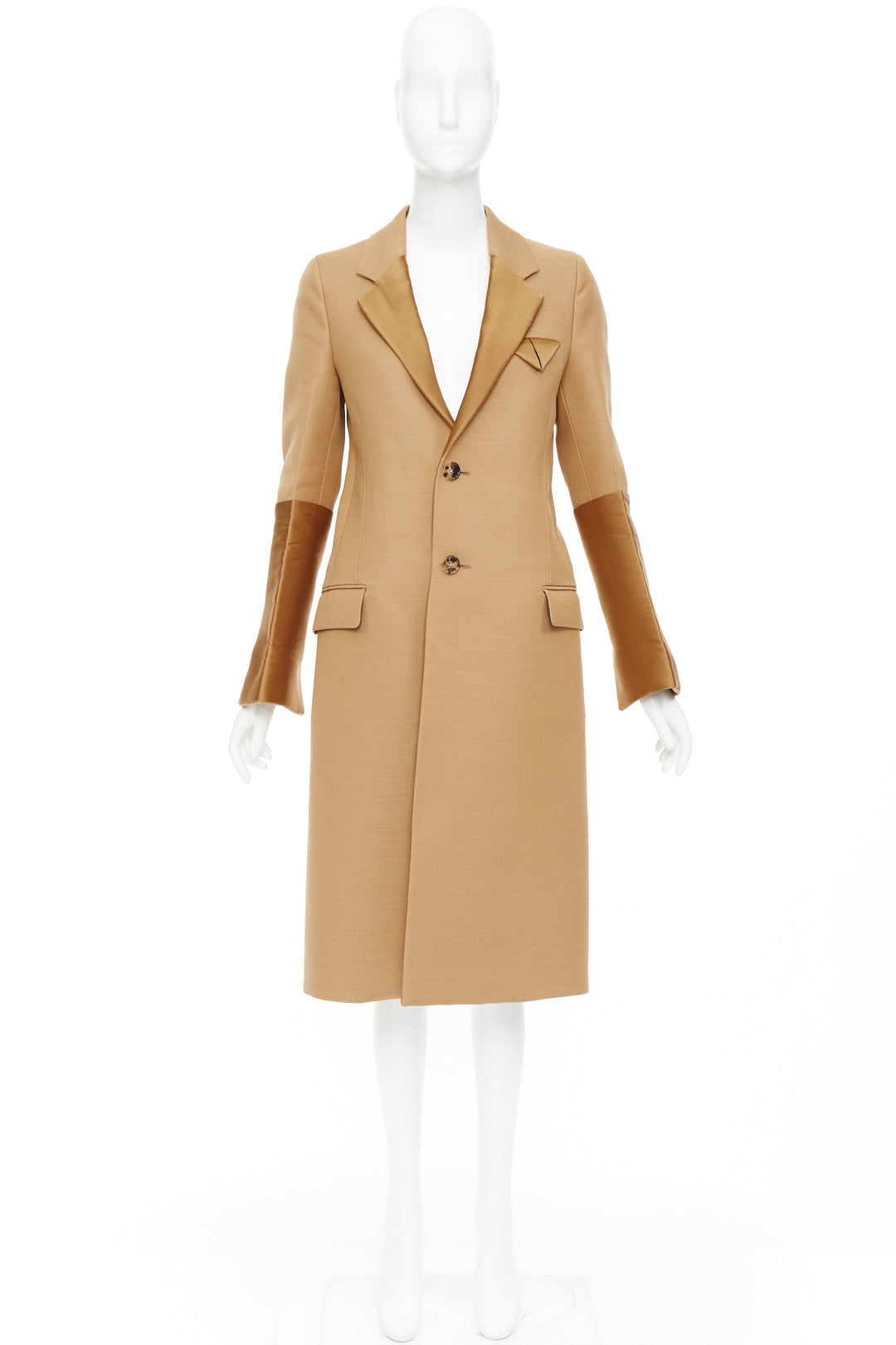 BOTTEGA VENETA 2019 Runway camel brown satin trim leather belted  coat IT38 XS