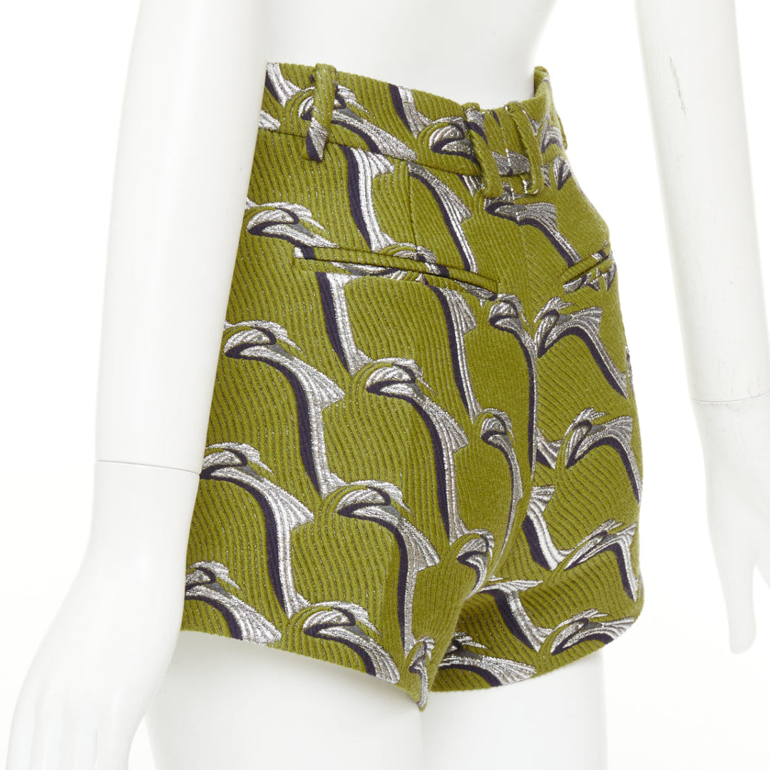 GUCCI 2024 Runway green grey Heron bird jacquard highwaist formal shorts IT38 XS