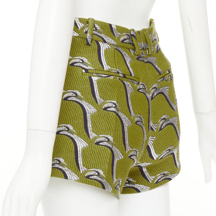 GUCCI 2024 Runway green grey Heron bird jacquard highwaist formal shorts IT38 XS