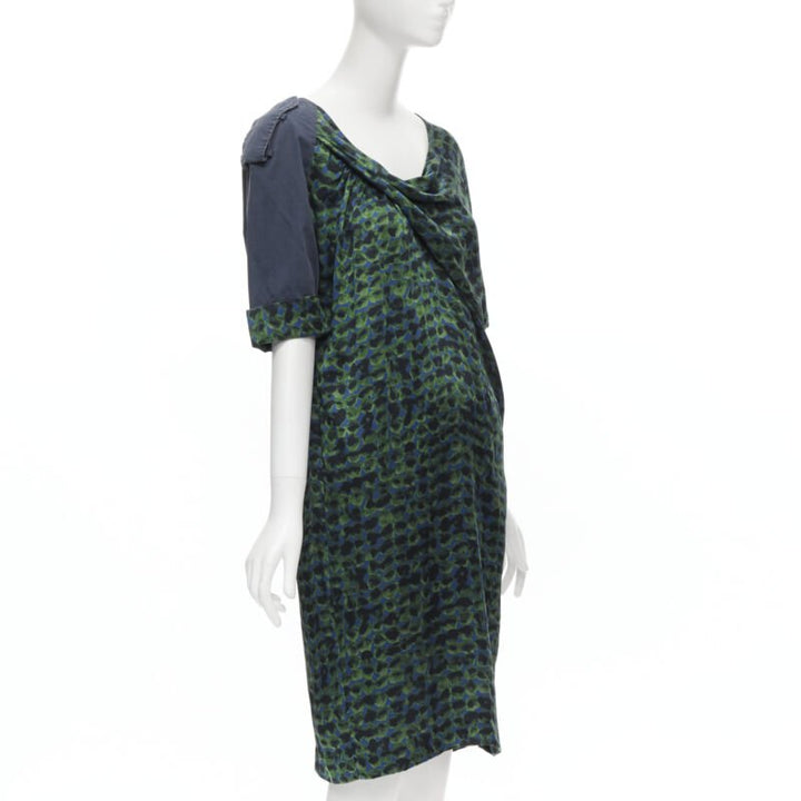 DRIES VAN NOTEN green navy draped silk contrast short sleeve dress FR36 S