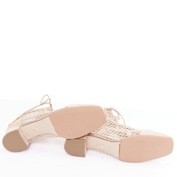 DIOR 2019 Naughtily-D beige suede net mesh lace up block ankle boots EU37.5