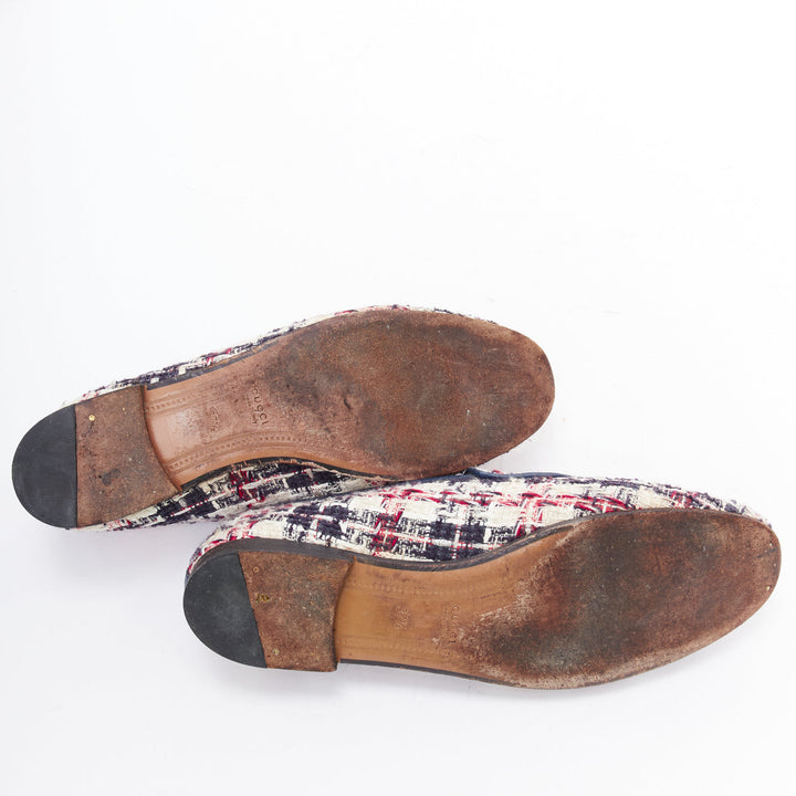 GUCCI Jordaan red blue cream tweed gold horsebit checked flat loafers EU37.5