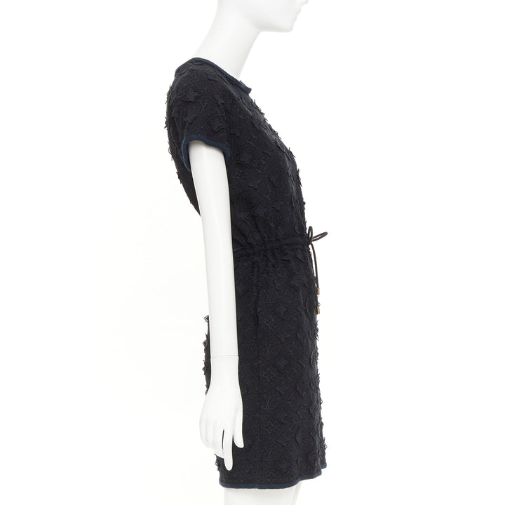 LOUIS VUITTON black LV logo monogram raised lace drawstring short dress XS