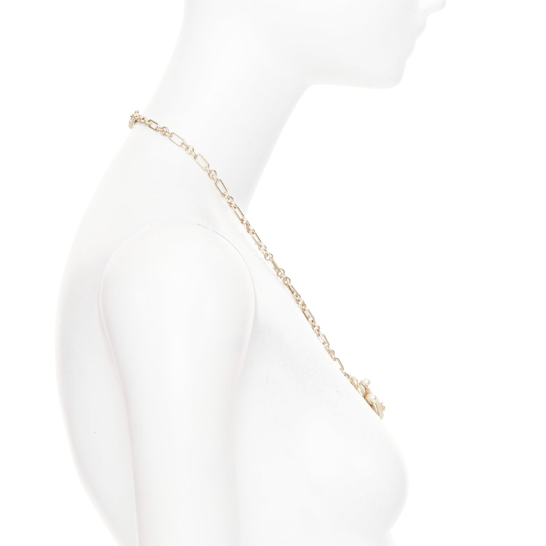 CHANEL B16C gold tone ivory pearl octagonal CC Camellia medallion chain necklace
