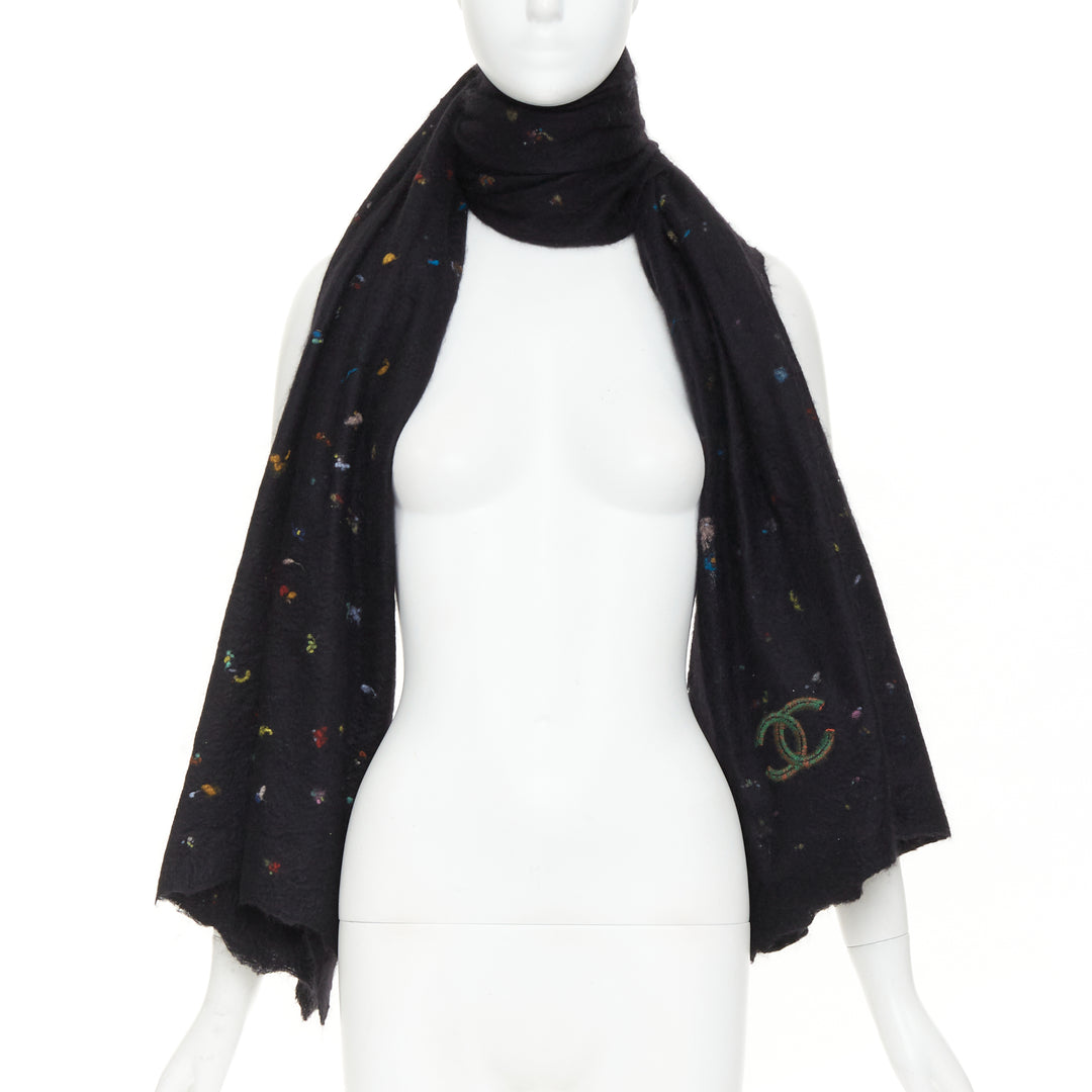 CHANEL 2024 black confetti speckle cashmere wool silk CC embroidered logo scarf