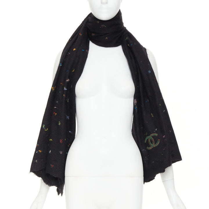 CHANEL 2024 black confetti speckle cashmere wool silk CC embroidered logo scarf