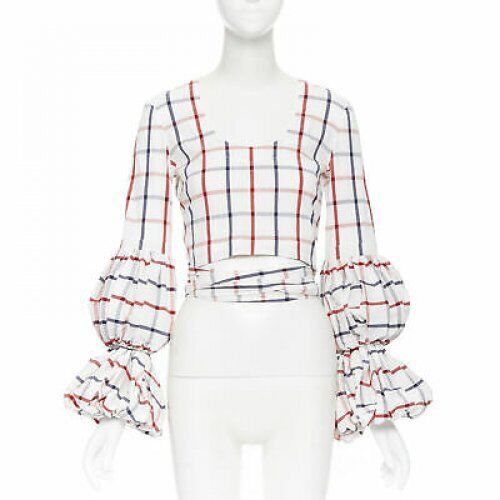 ROSIE ASSOULIN 2018 white checked seersucker puff sleeve wrap top US0 XS