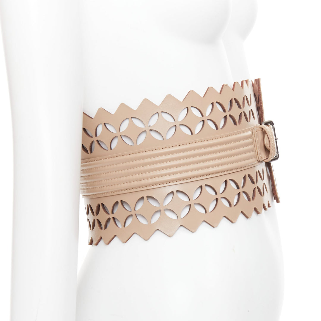 ALAIA  Vienne nude leather laser cut detail cinched corset wide belt 65cm