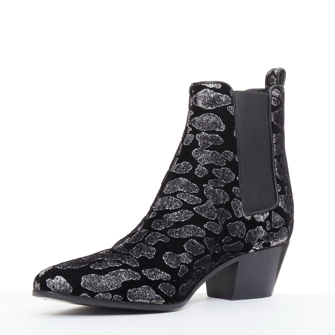 SAINT LAURENT Rock Leopard black grey glitter leopard velvet chelsea boots EU36