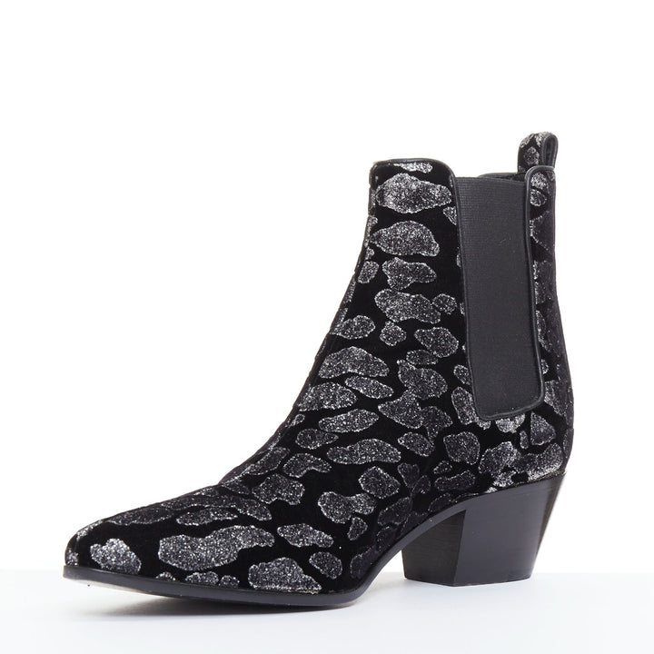SAINT LAURENT Rock Leopard black grey glitter leopard velvet chelsea boots EU36
