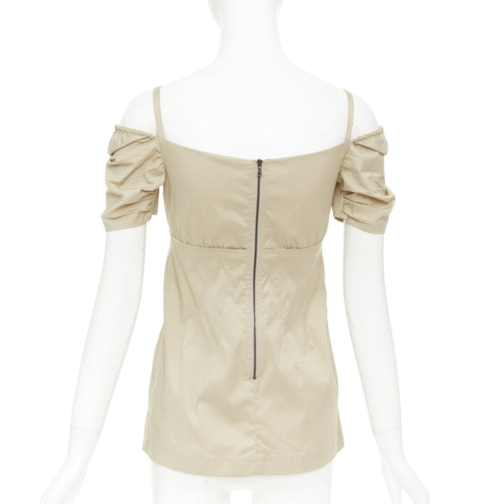 PRADA Vintage khaki cotton ruched bust empire waist bow off shoulder top IT38