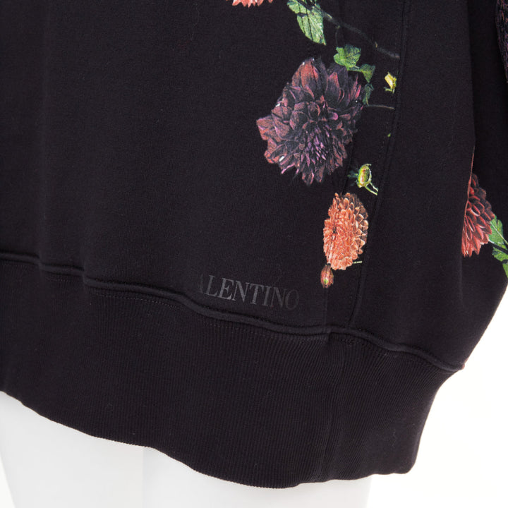 VALENTINO black cotton oversized macro rose floral print pouch hoodie M