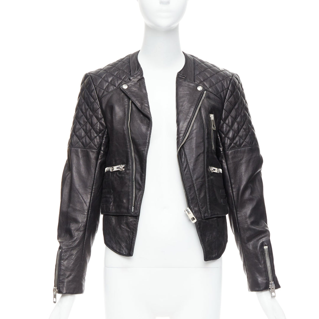 BALENCIAGA 2011 black leather quilted silver zip crop moto biker FR38 M