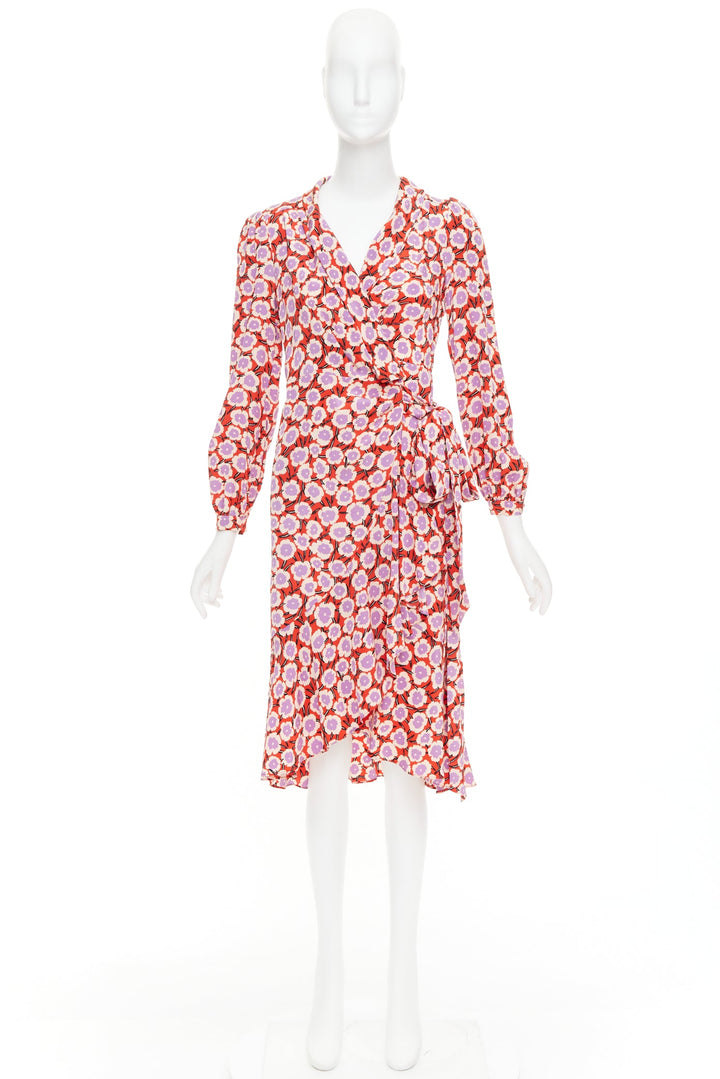DIANE VON FURSTENBERG Carla  100% silk  red purple floral wrap dress US2 S