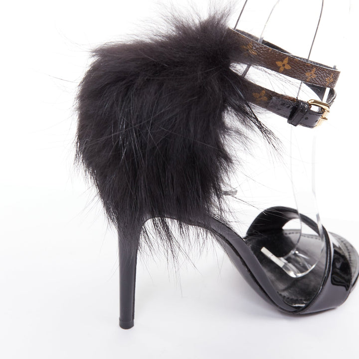 rare LOUIS VUITTON Call Back black patent fur trim LV ankle strap heels EU38.5