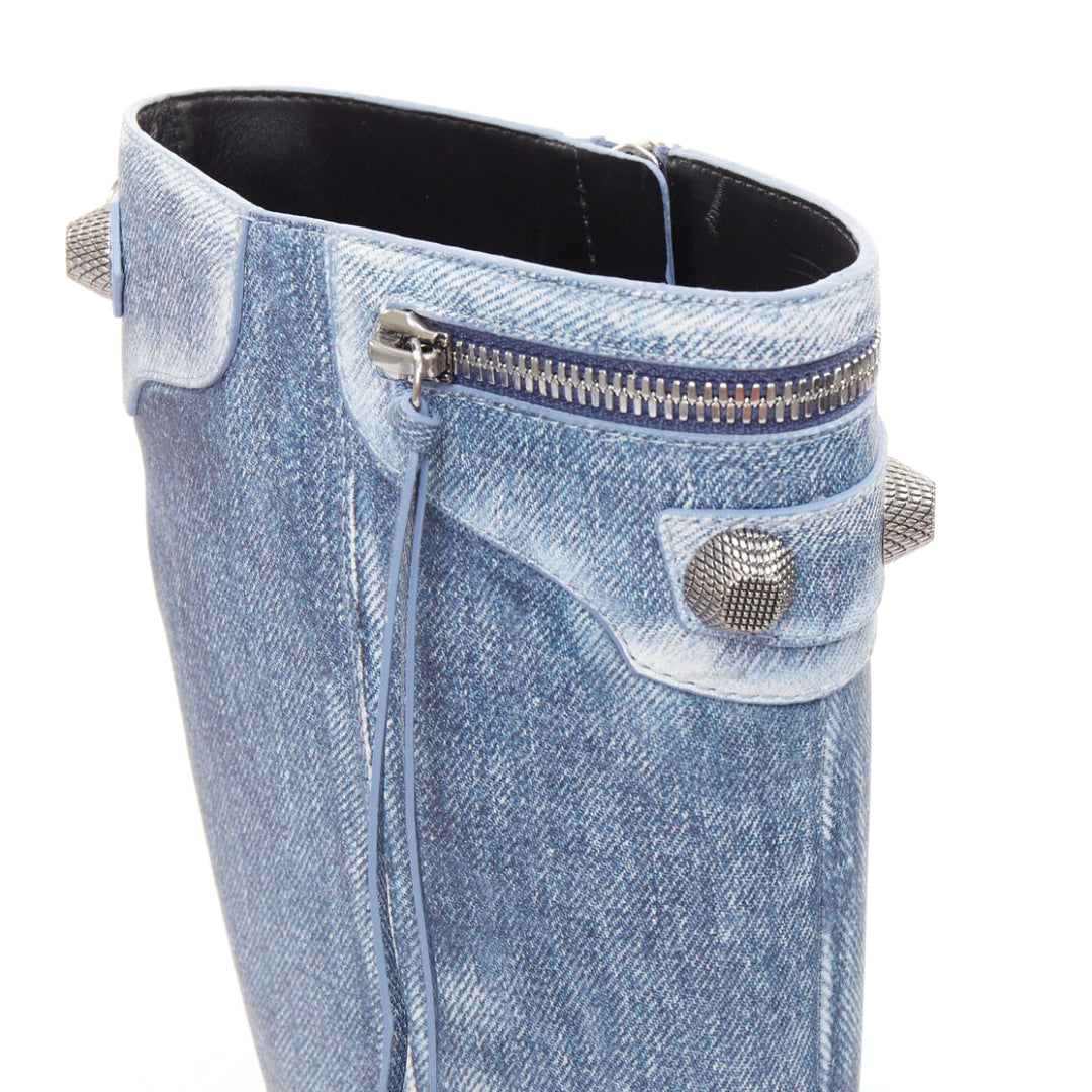 BALENCIAGA Cagole blue denim printed leather silver stud moto tall boots EU37