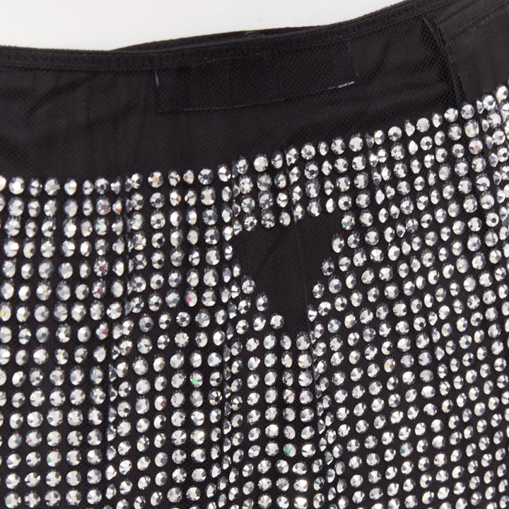 PRADA 2021 silver crystal black mesh triangle cut out lace trim skirt IT38 XS