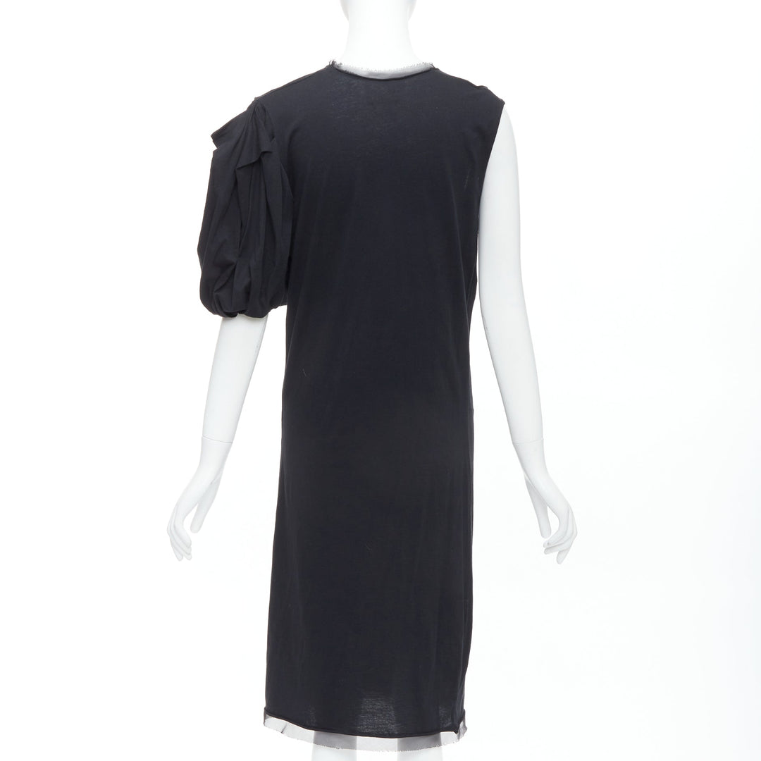 LANVIN black cotton silk trimmed asymmetric draped midi dress XXS