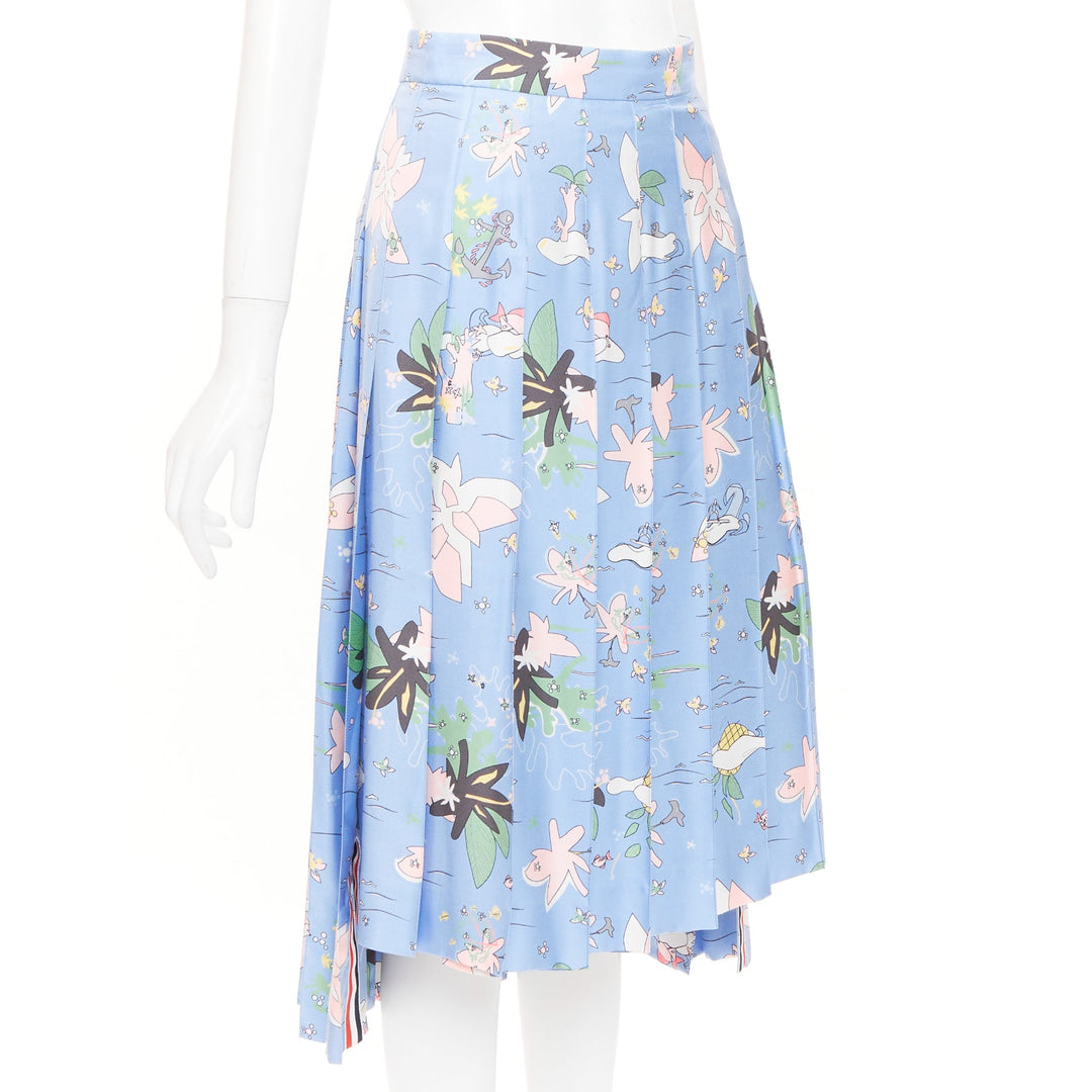 THOM BROWNE blue cartoon beach island pleated side slit raw silk skirt IT38 XS