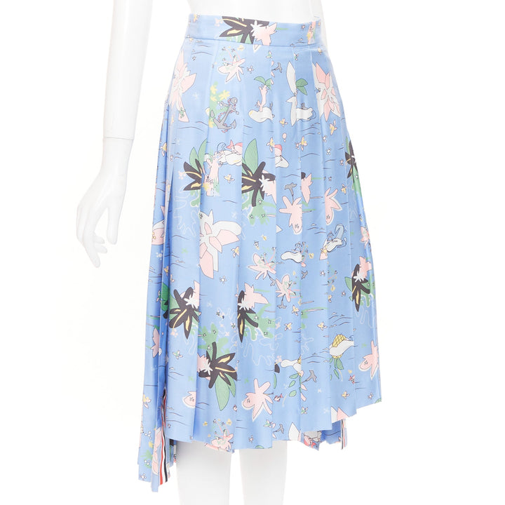 THOM BROWNE blue cartoon beach island pleated side slit raw silk skirt IT38 XS