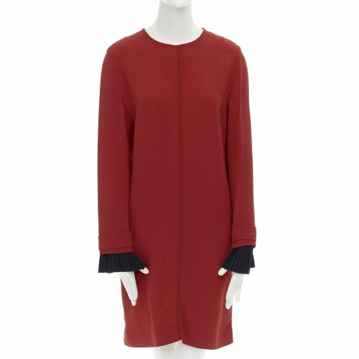VVB VICTORIA BECKHAM red crepe navy pleated cuff long sleeves dress UK10 M