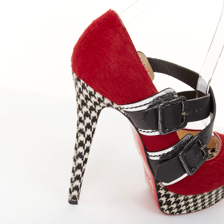 CHRISTIAN LOUBOUTIN Bikiki 140 red houndstooth calf hair platform heels EU38
