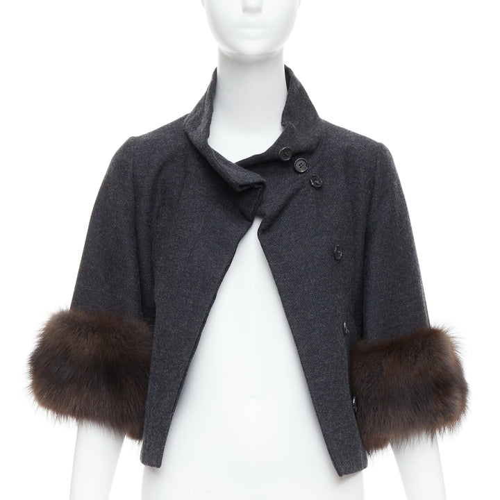 MARNI charcoal grey fur trim flare wool blend cropped jacket IT40 S