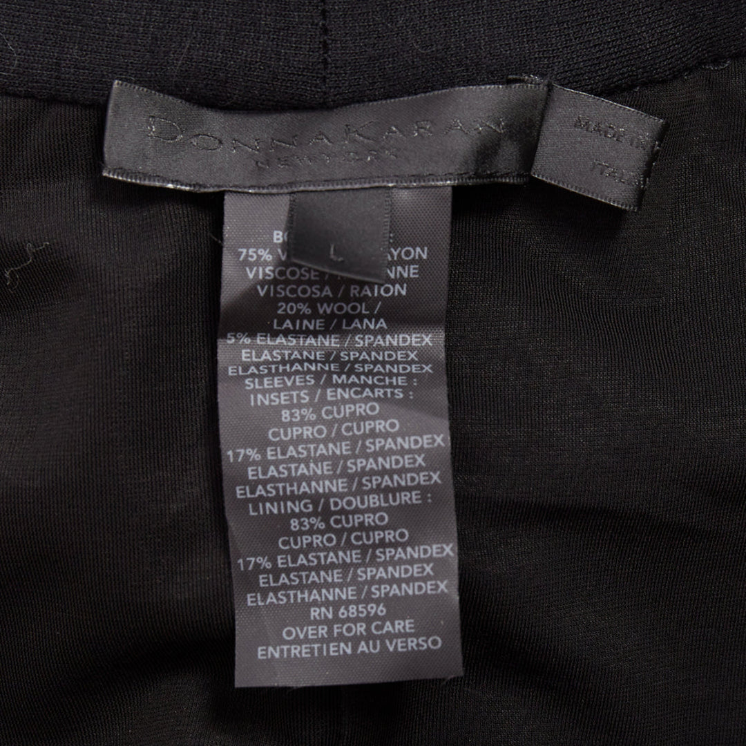 DONNA KARAN black jersey sheer mesh raglan drape plunge high low dress L